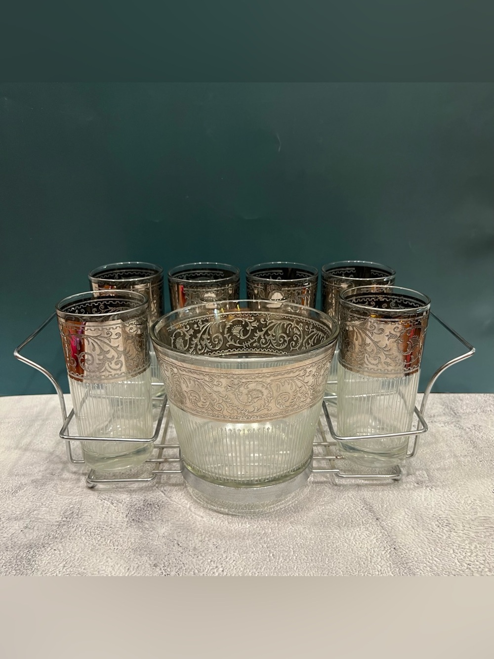 Mid Century Modern Starlyte Barware Set Caddy Ornate Ice Bucket Highball Glasses